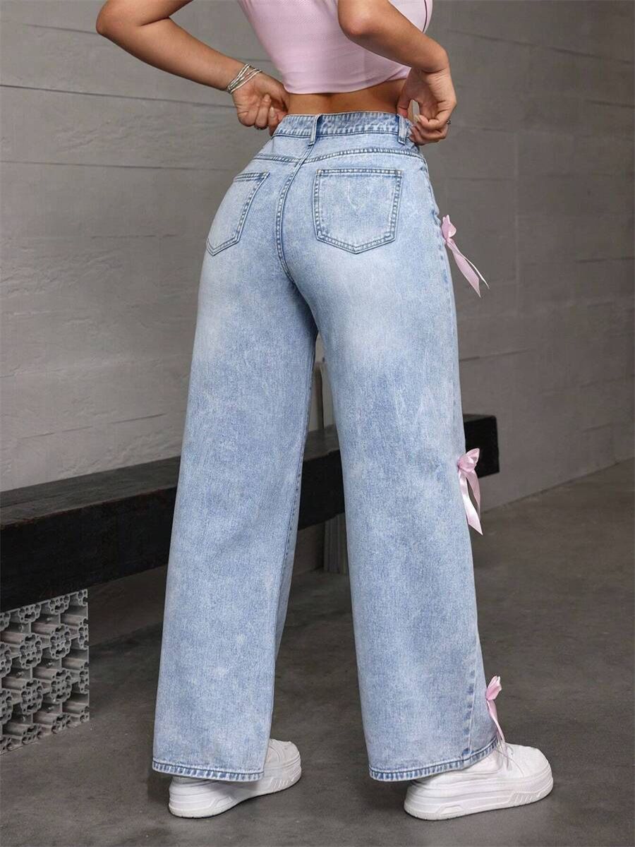 Street babes bow wash jeans with loose straight wide-leg trousers are comfortable and beautiful