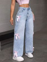 Street babes bow wash jeans with loose straight wide-leg trousers are comfortable and beautiful