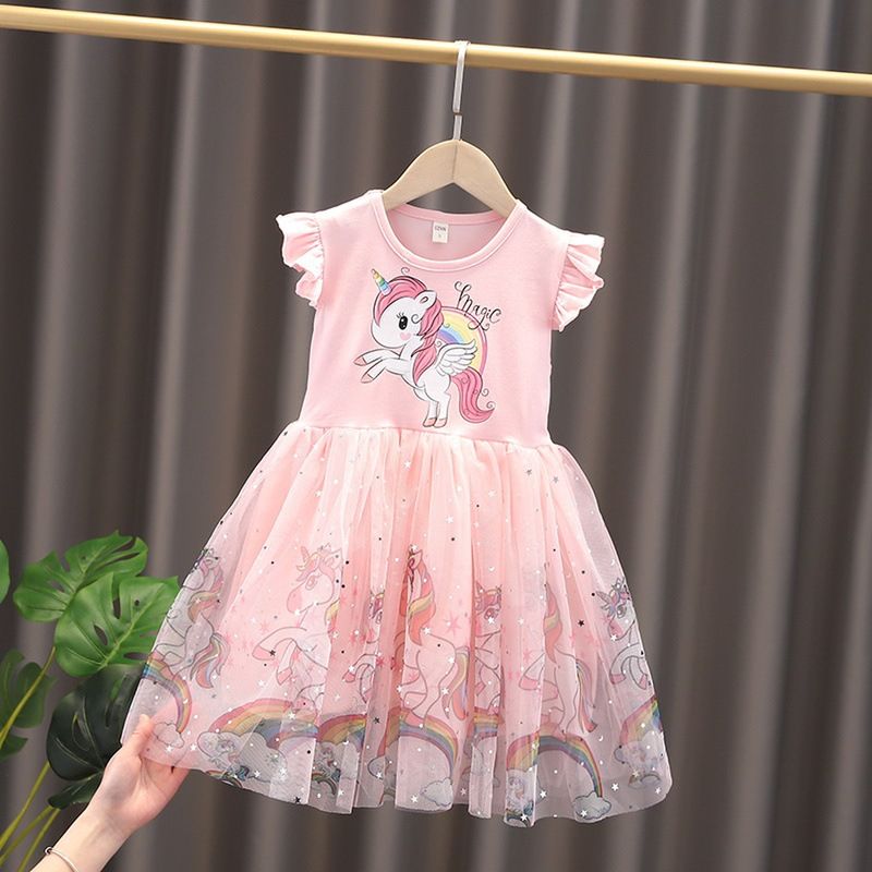 New Girls Small and Medium Kids Unicorn Dress Puffy Tulle Princess Dress Cotton Short Sleeve Baby