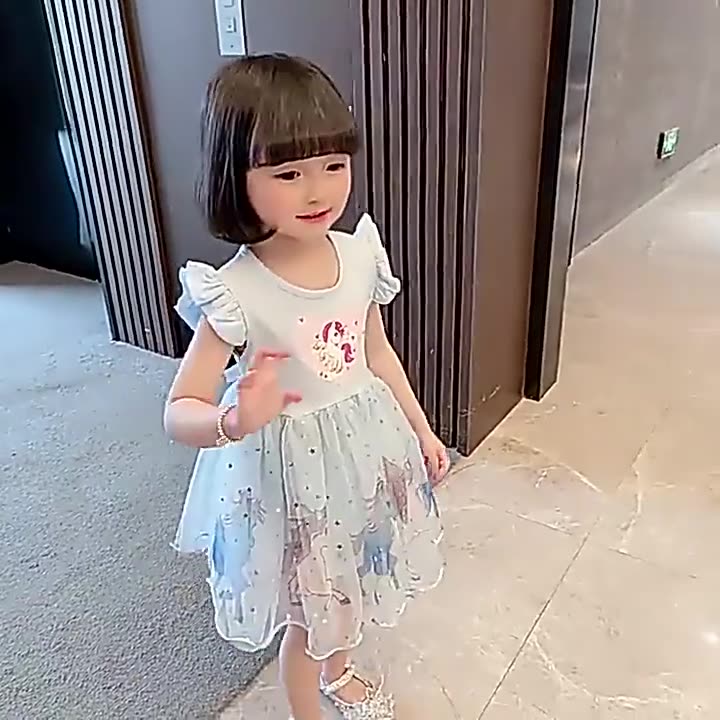 New Girls Small and Medium Kids Unicorn Dress Puffy Tulle Princess Dress Cotton Short Sleeve Baby