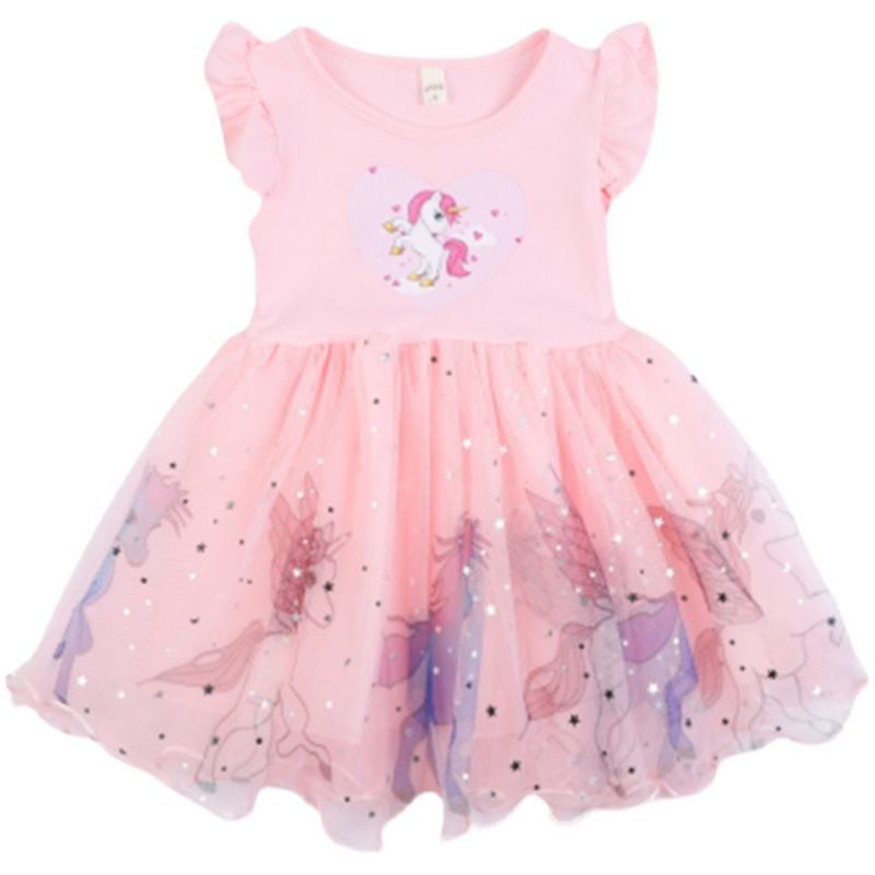New Girls Small and Medium Kids Unicorn Dress Puffy Tulle Princess Dress Cotton Short Sleeve Baby