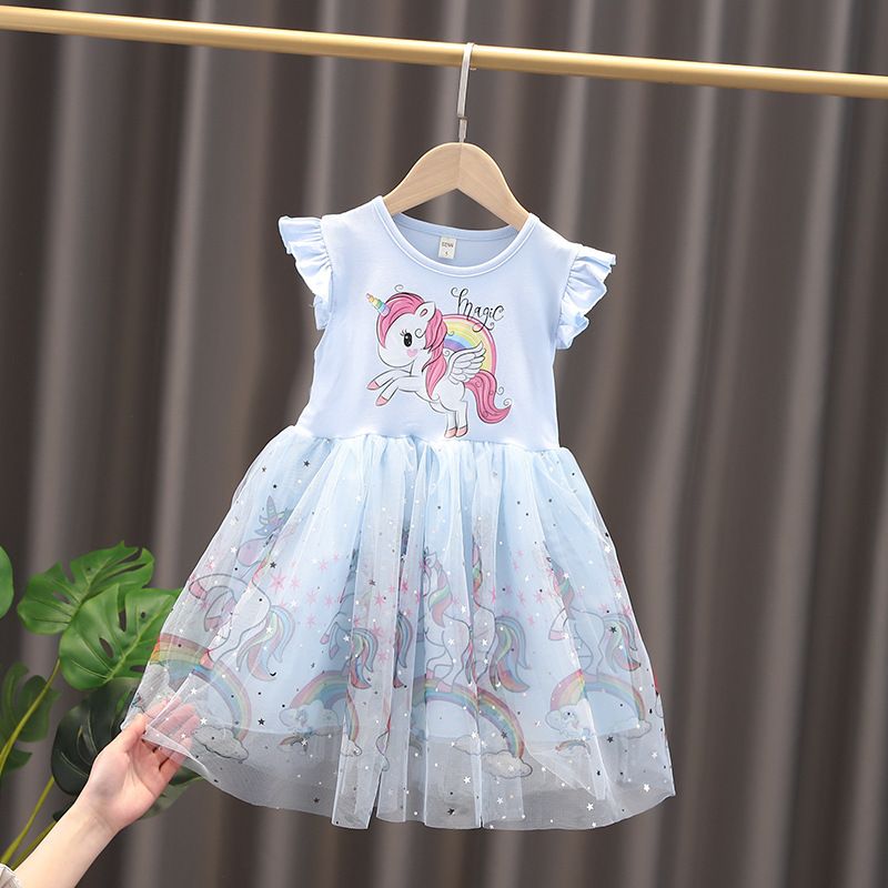 New Girls Small and Medium Kids Unicorn Dress Puffy Tulle Princess Dress Cotton Short Sleeve Baby