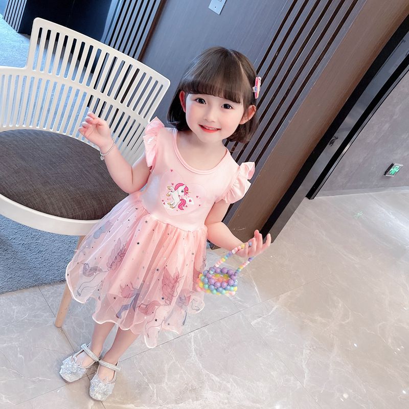 New Girls Small and Medium Kids Unicorn Dress Puffy Tulle Princess Dress Cotton Short Sleeve Baby
