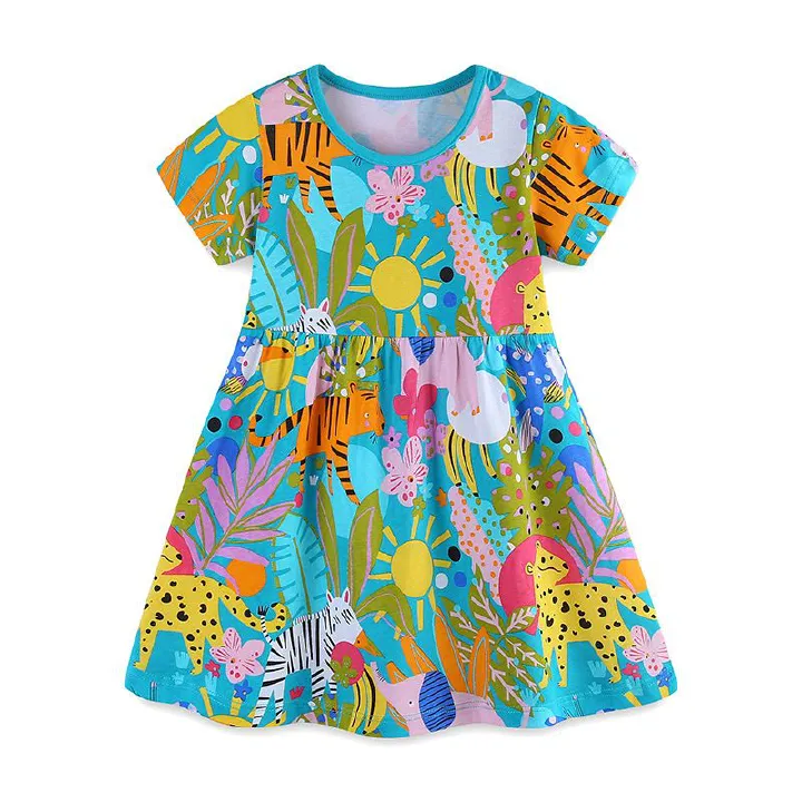 Summer New Girls Dress Cartoon Animal Print Princess Dress Round Neck Pullover Cotton Jersey Short Sleeve Children's Dress