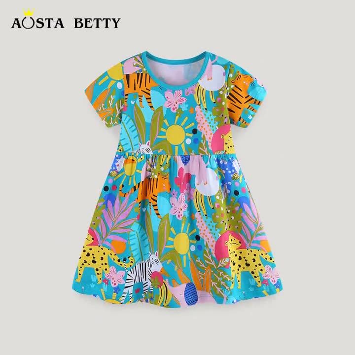 Summer New Girls Dress Cartoon Animal Print Princess Dress Round Neck Pullover Cotton Jersey Short Sleeve Children's Dress