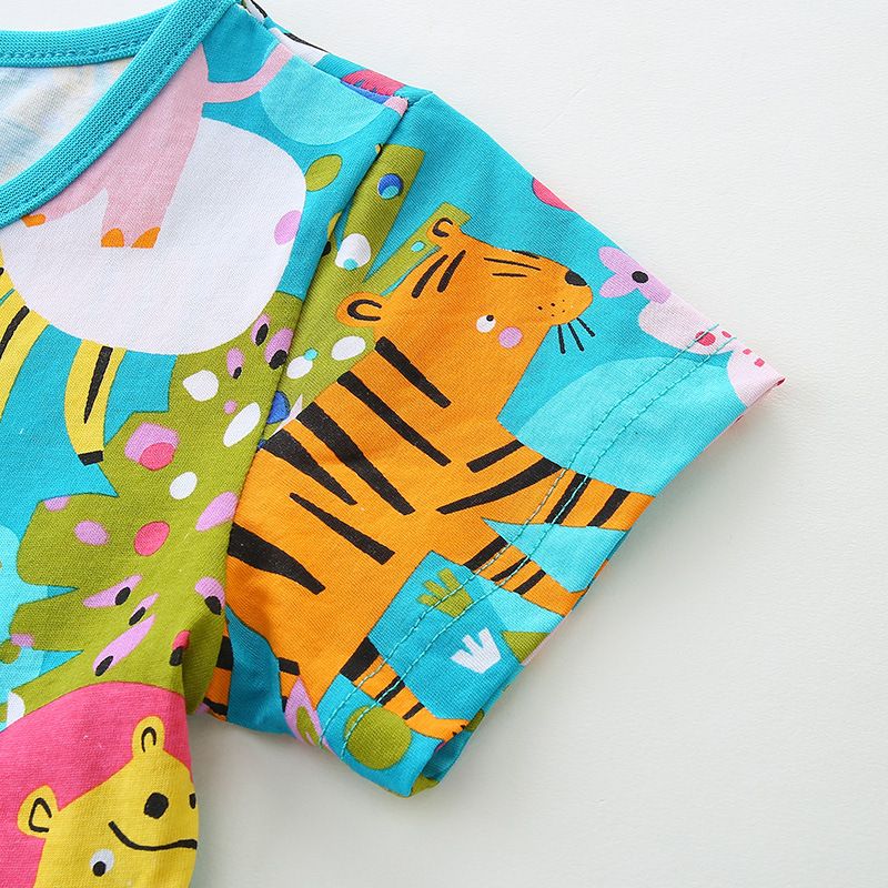 Summer New Girls Dress Cartoon Animal Print Princess Dress Round Neck Pullover Cotton Jersey Short Sleeve Children's Dress