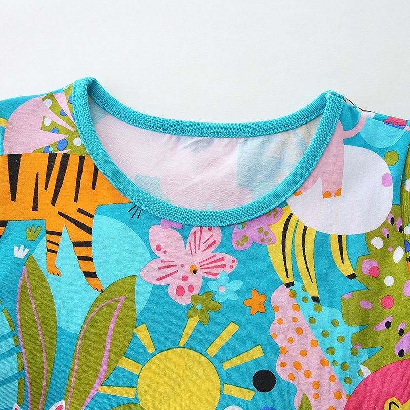 Summer New Girls Dress Cartoon Animal Print Princess Dress Round Neck Pullover Cotton Jersey Short Sleeve Children's Dress