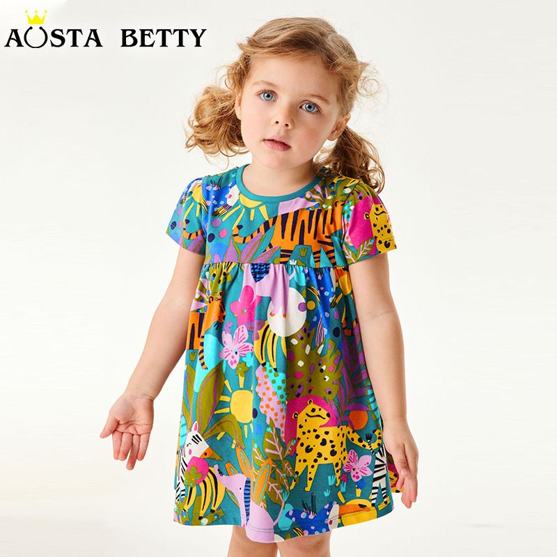 Summer New Girls Dress Cartoon Animal Print Princess Dress Round Neck Pullover Cotton Jersey Short Sleeve Children's Dress
