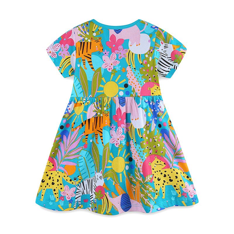 Summer New Girls Dress Cartoon Animal Print Princess Dress Round Neck Pullover Cotton Jersey Short Sleeve Children's Dress