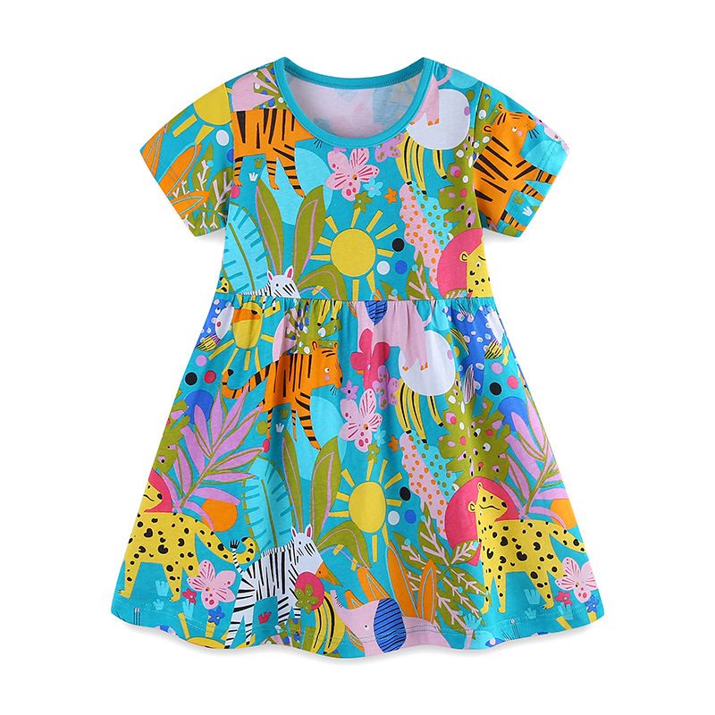 Summer New Girls Dress Cartoon Animal Print Princess Dress Round Neck Pullover Cotton Jersey Short Sleeve Children's Dress