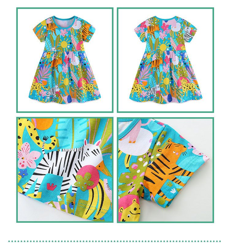 Summer New Girls Dress Cartoon Animal Print Princess Dress Round Neck Pullover Cotton Jersey Short Sleeve Children's Dress