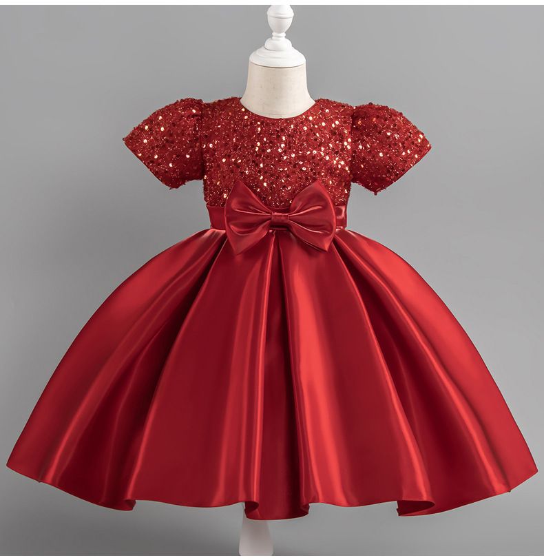 New medium and large girls dress princess dress fine squinned puff sleeve satin tutu dress