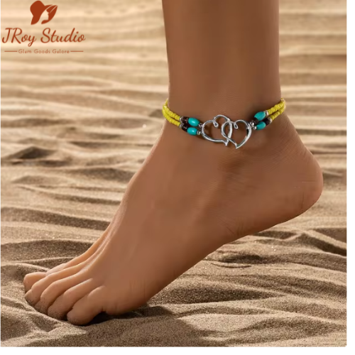 Women's Elastic Bead Ankle Bracelet Double Heart Layers Beaded Bohemian Colourful Beach ankle Bracelets Jewellery Gift