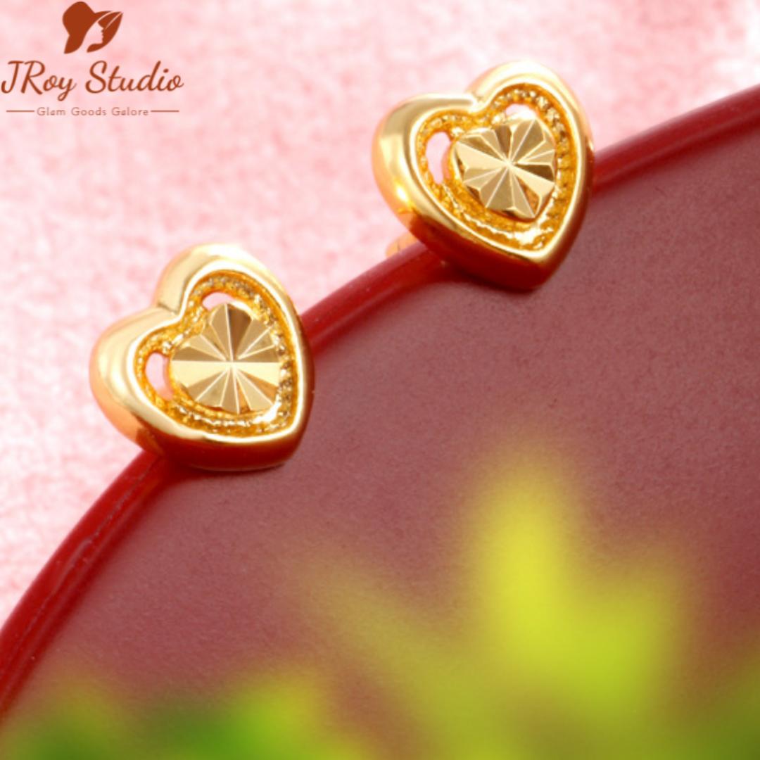 24k Gold-Plated Heart Studs: Vintage Floral, Dainty &amp; Sophisticated. Gold