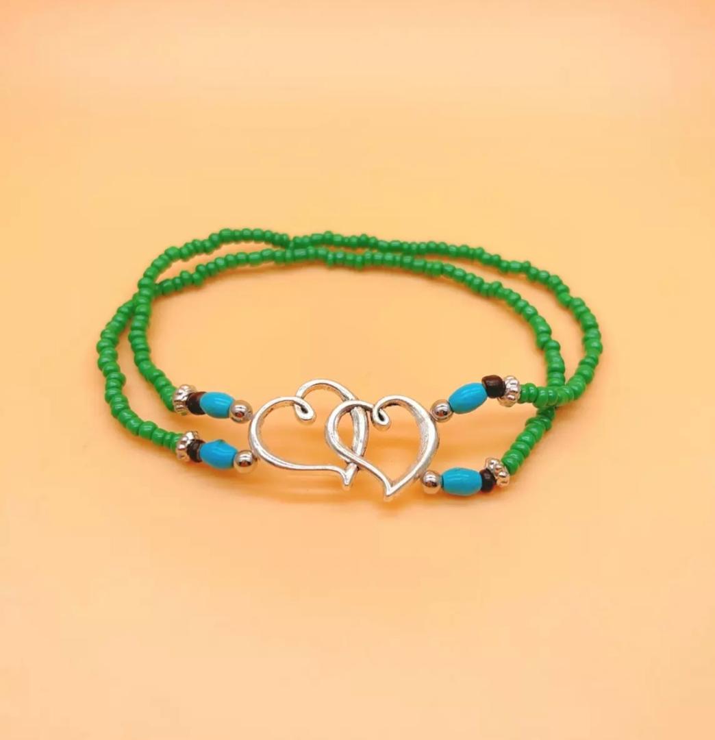 Women's Elastic Bead Ankle Bracelet Double Heart Layers Beaded Bohemian Colourful Beach ankle Bracelets Jewellery Gift