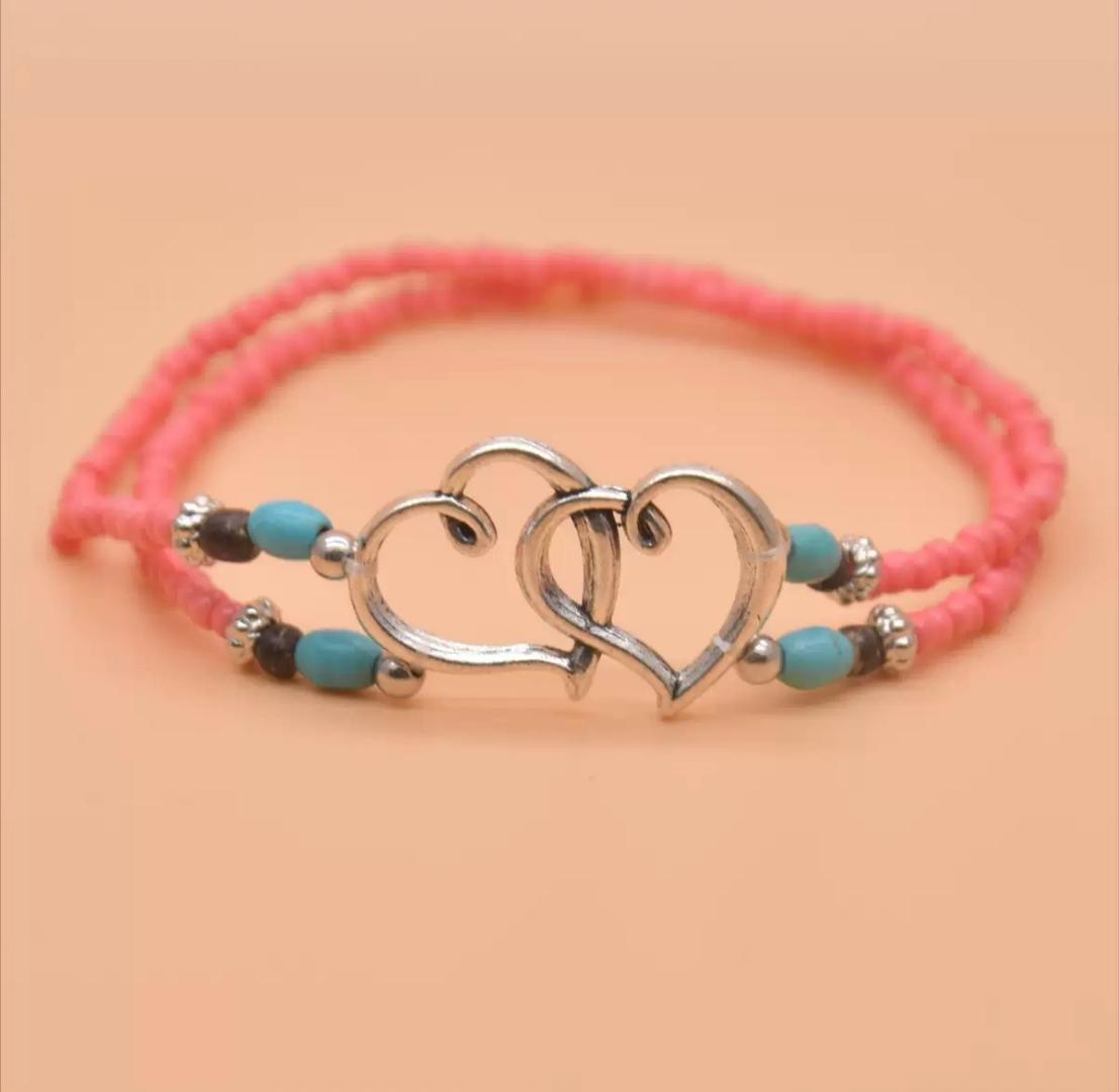 Women's Elastic Bead Ankle Bracelet Double Heart Layers Beaded Bohemian Colourful Beach ankle Bracelets Jewellery Gift