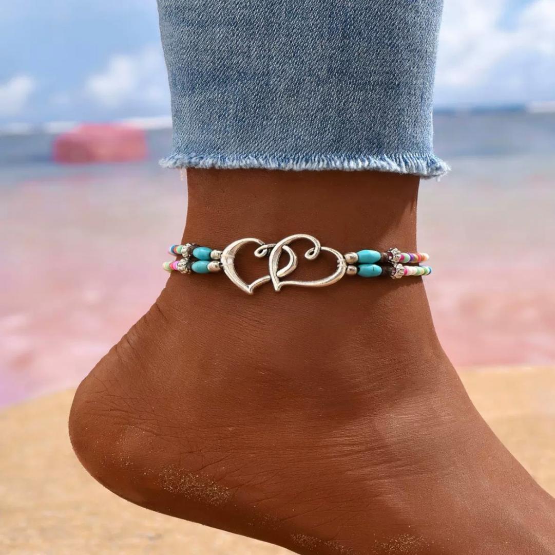 Women's Elastic Bead Ankle Bracelet Double Heart Layers Beaded Bohemian Colourful Beach ankle Bracelets Jewellery Gift