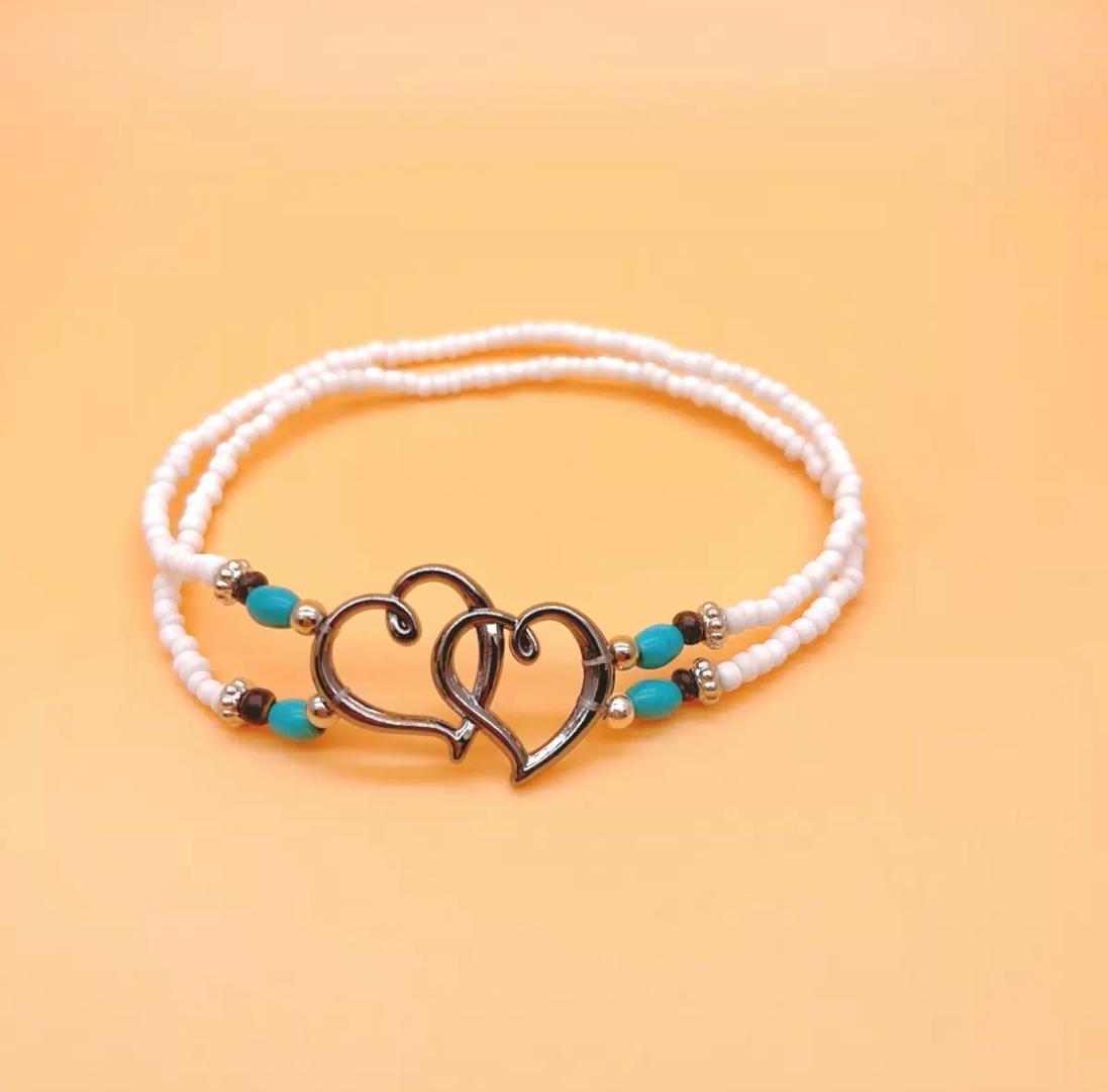 Women's Elastic Bead Ankle Bracelet Double Heart Layers Beaded Bohemian Colourful Beach ankle Bracelets Jewellery Gift