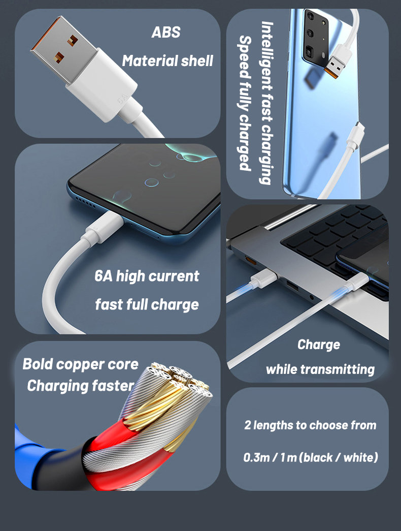 1 Pc Type-C single head data cable 6A flash charging cable suitable for Android phone fast charging cable