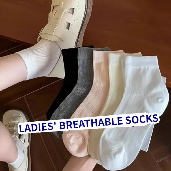 5 pcs Summer Thin Mesh Socks Elegant Ballet Style Women's Mid-Calf Breathable Simple Sweet Solid Color Short Socks