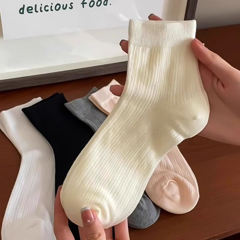 5 pcs Summer Thin Mesh Socks Elegant Ballet Style Women's Mid-Calf Breathable Simple Sweet Solid Color Short Socks