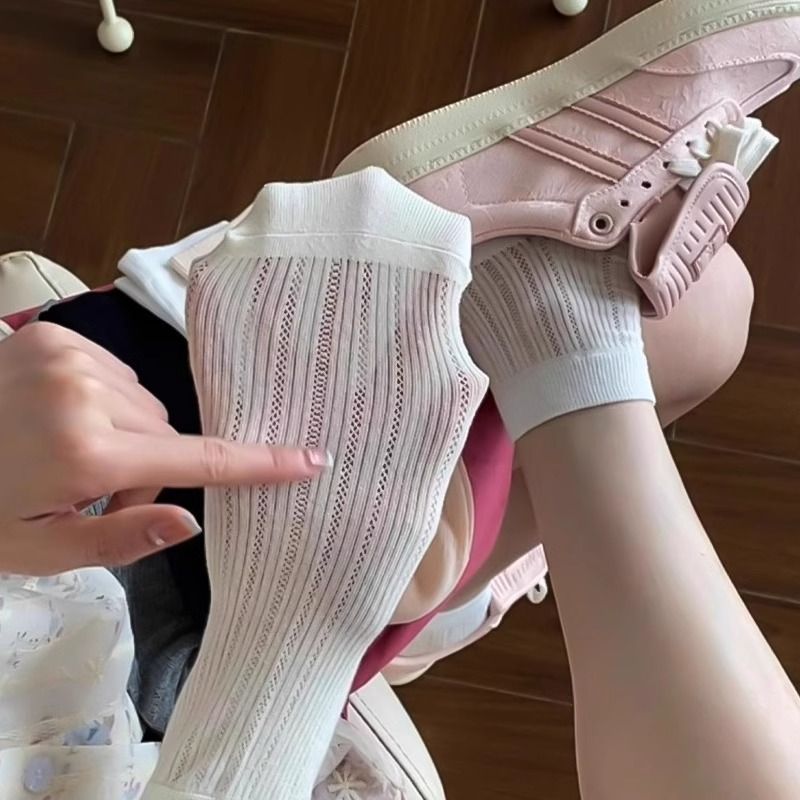 5 pcs Summer Thin Mesh Socks Elegant Ballet Style Women's Mid-Calf Breathable Simple Sweet Solid Color Short Socks