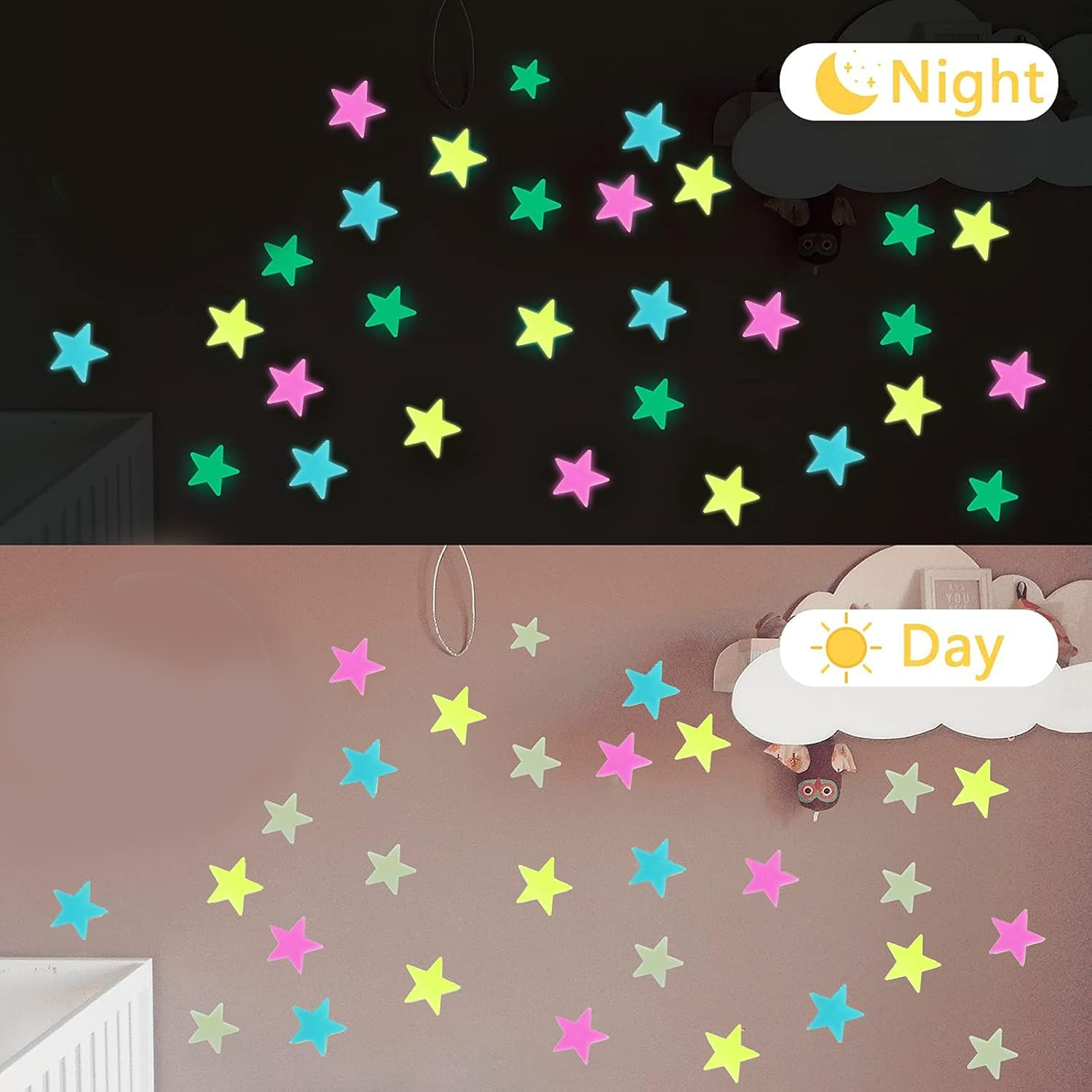 Glow in The Dark Stars Stickers for Ceiling, Adhesive 50pcs 3D Glowing Stars and Moon for Kids Bedroom,Luminous Stars Stickers Create a Realistic Starry Sky,Room Decor,Wall Stickers