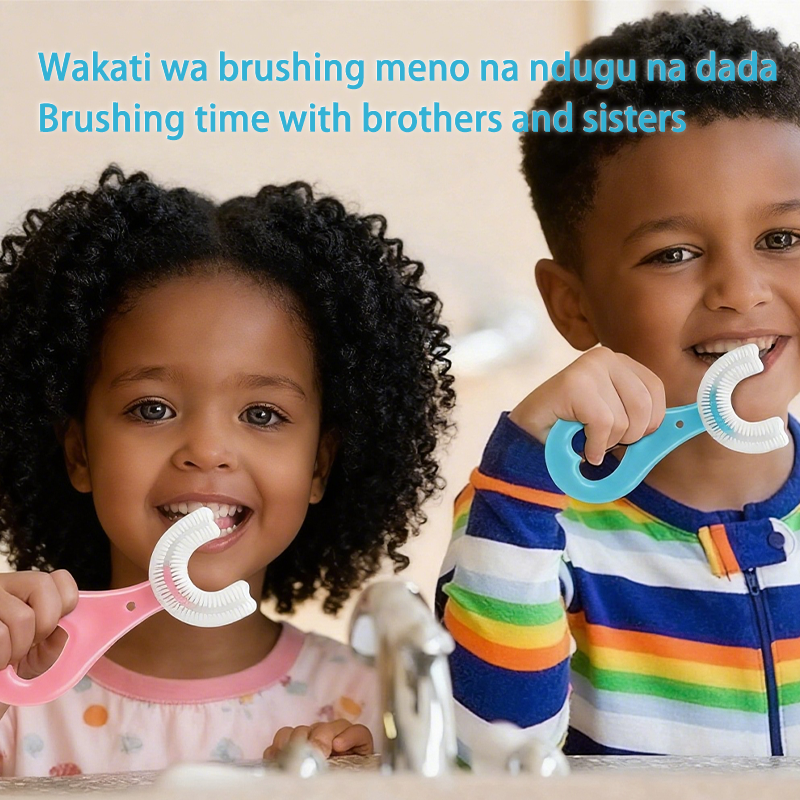 2PCS U-Shaped Toothbrush Kids - Toddler Toothbrush with Food Grade Soft Silicone Brush Head, Manual Whole Mouth Tooth Brush for Kids Age 2-12(Blue+Pink)