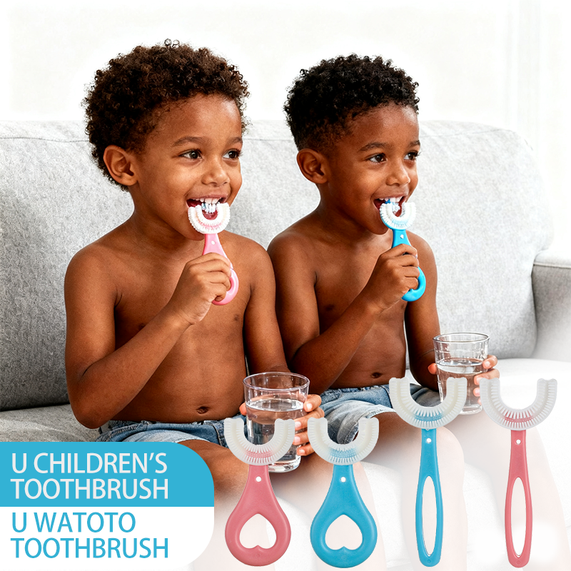 2PCS U-Shaped Toothbrush Kids - Toddler Toothbrush with Food Grade Soft Silicone Brush Head, Manual Whole Mouth Tooth Brush for Kids Age 2-12(Blue+Pink)
