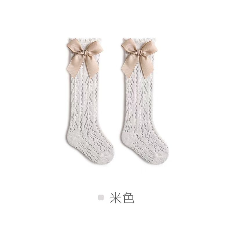 Baby Girls Socks Toddler Bow Long Sock Kids Knee High Soft Cotton Mesh Stocking Spanish Style Hollow Out Lace Socks 0-3Y