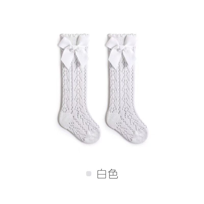 Baby Girls Socks Toddler Bow Long Sock Kids Knee High Soft Cotton Mesh Stocking Spanish Style Hollow Out Lace Socks 0-3Y
