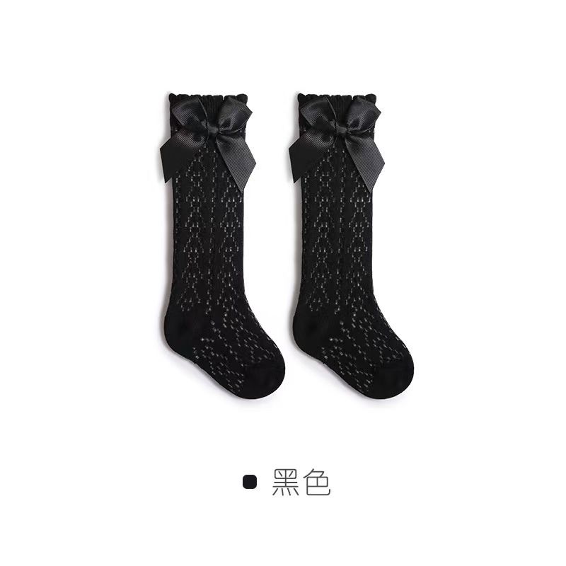 Baby Girls Socks Toddler Bow Long Sock Kids Knee High Soft Cotton Mesh Stocking Spanish Style Hollow Out Lace Socks 0-3Y