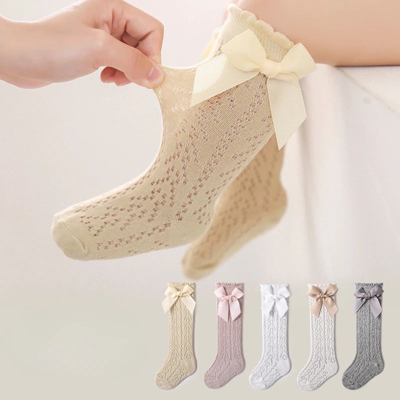 Baby Girls Socks Toddler Bow Long Sock Kids Knee High Soft Cotton Mesh Stocking Spanish Style Hollow Out Lace Socks 0-3Y