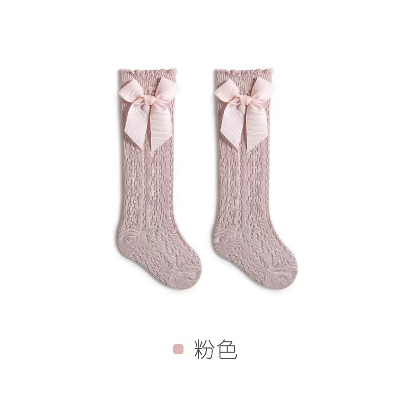 Baby Girls Socks Toddler Bow Long Sock Kids Knee High Soft Cotton Mesh Stocking Spanish Style Hollow Out Lace Socks 0-3Y