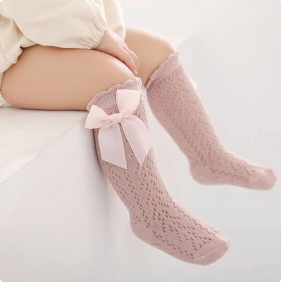 Baby Girls Socks Toddler Bow Long Sock Kids Knee High Soft Cotton Mesh Stocking Spanish Style Hollow Out Lace Socks 0-3Y
