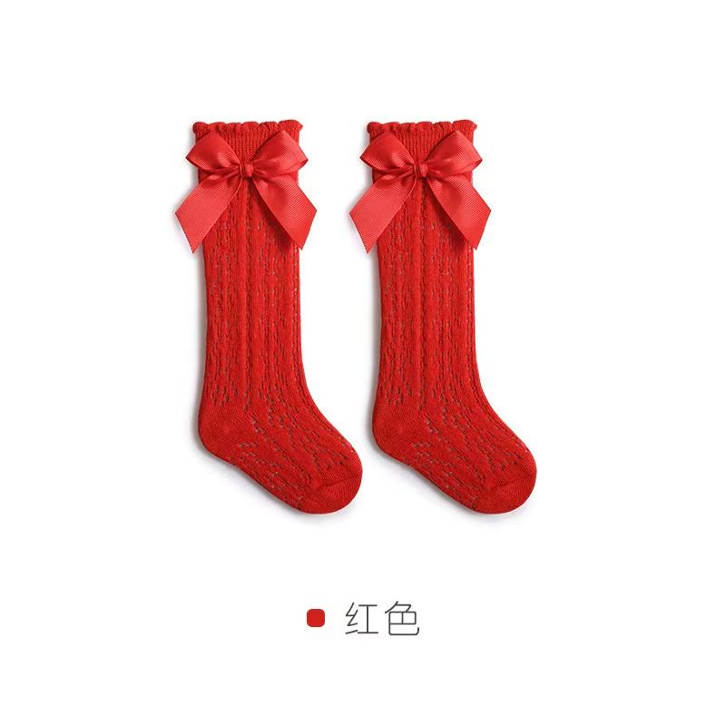 Baby Girls Socks Toddler Bow Long Sock Kids Knee High Soft Cotton Mesh Stocking Spanish Style Hollow Out Lace Socks 0-3Y
