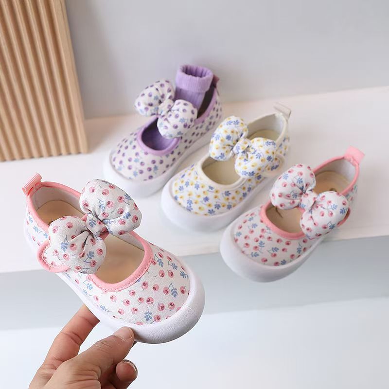 Canvas shoes for girls, Spring and Autumn Baotou anti-kicking baby shoes, soft-soled bow shoes, children's walking shoes baby shoe