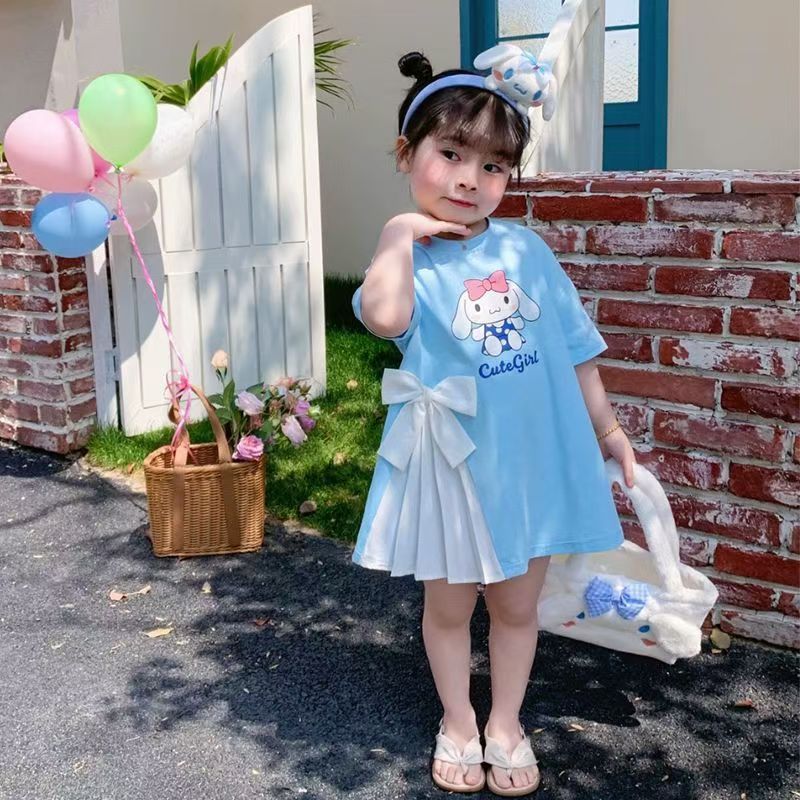 Girl casual cartoon t-shirt skirt princess skirt short-sleeved girl dress elegant pleated bow Baby dress