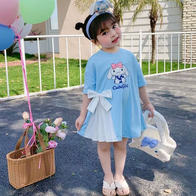 Girl casual cartoon t-shirt skirt princess skirt short-sleeved girl dress elegant pleated bow Baby dress