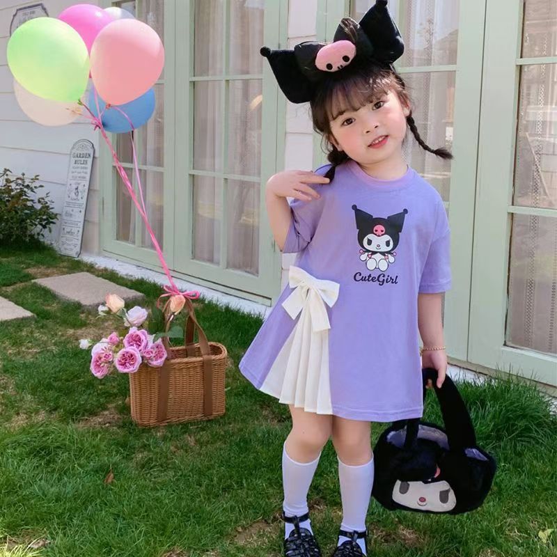 Girl casual cartoon t-shirt skirt princess skirt short-sleeved girl dress elegant pleated bow Baby dress