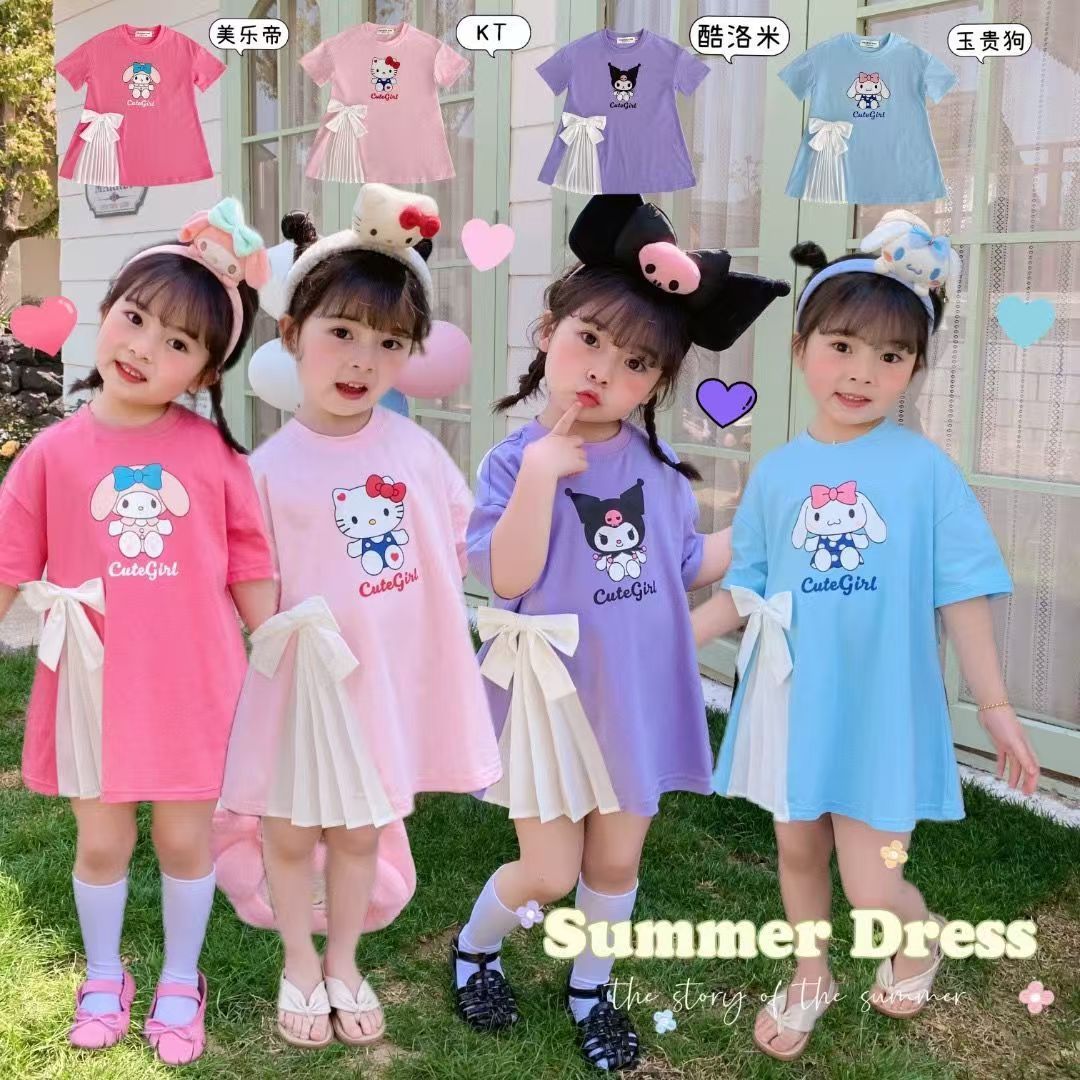 Girl casual cartoon t-shirt skirt princess skirt short-sleeved girl dress elegant pleated bow Baby dress