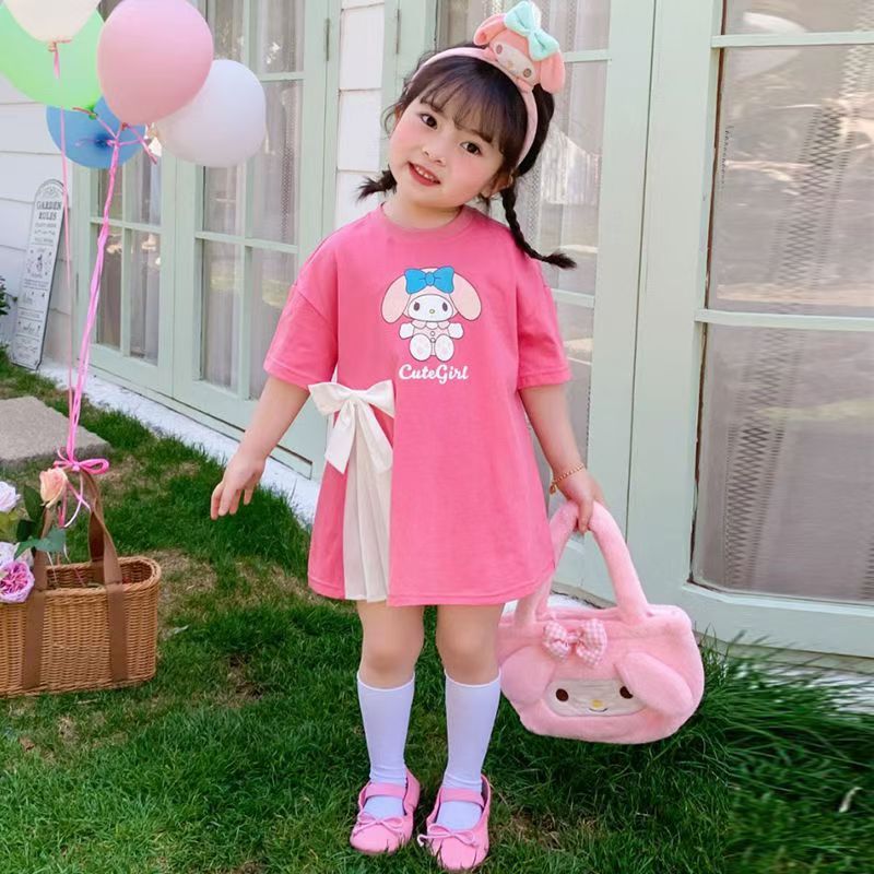 Girl casual cartoon t-shirt skirt princess skirt short-sleeved girl dress elegant pleated bow Baby dress