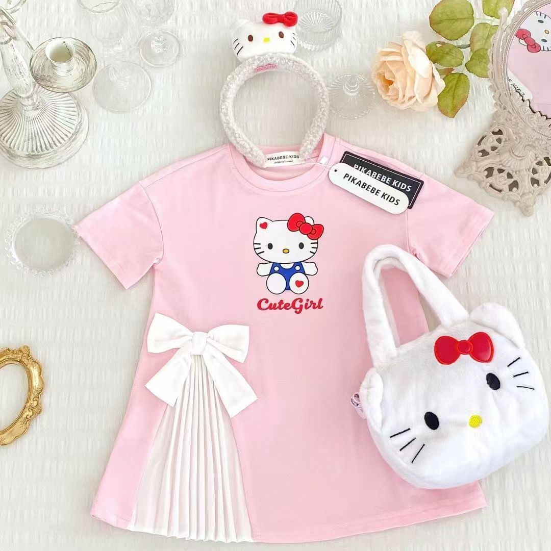 Girl casual cartoon t-shirt skirt princess skirt short-sleeved girl dress elegant pleated bow Baby dress