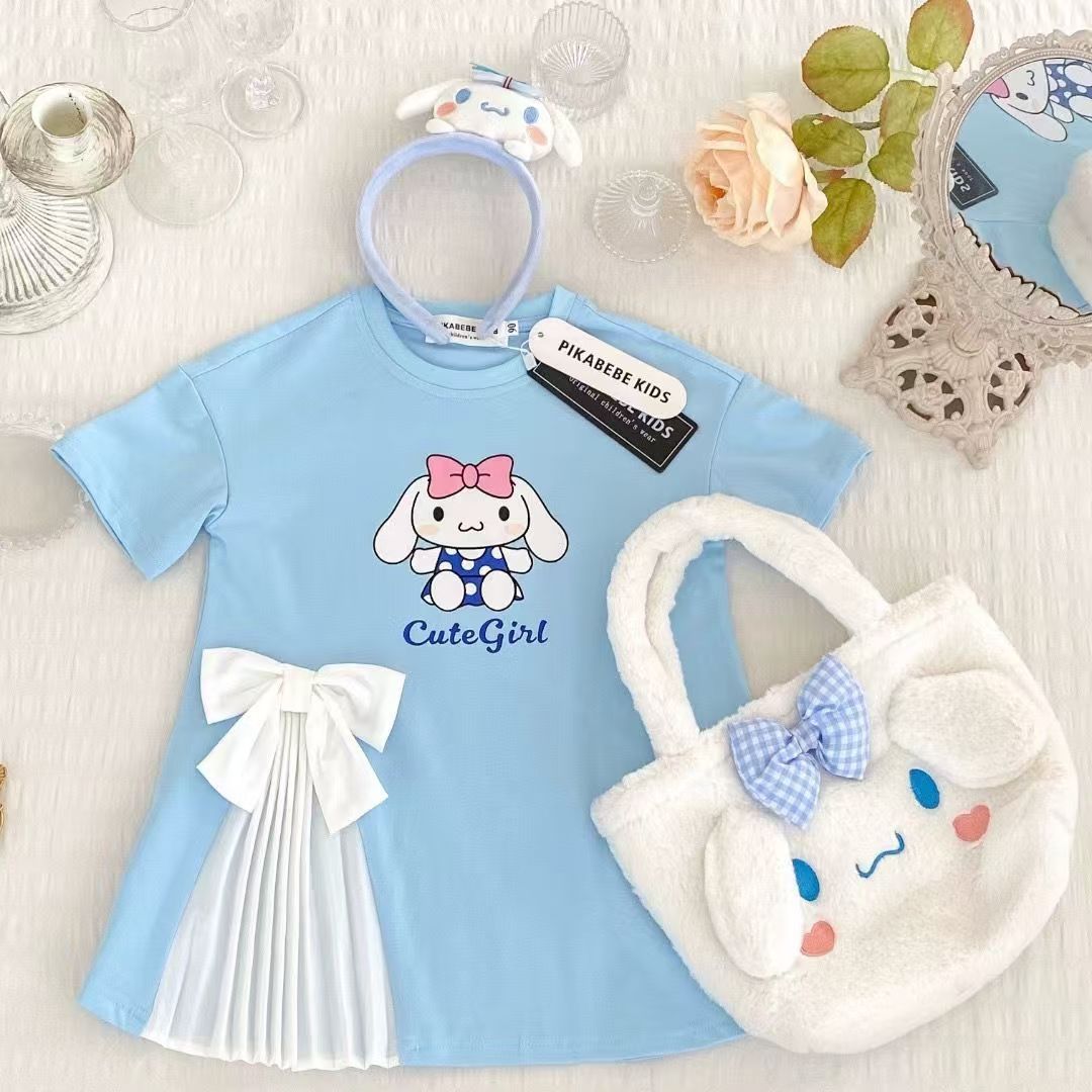 Girl casual cartoon t-shirt skirt princess skirt short-sleeved girl dress elegant pleated bow Baby dress