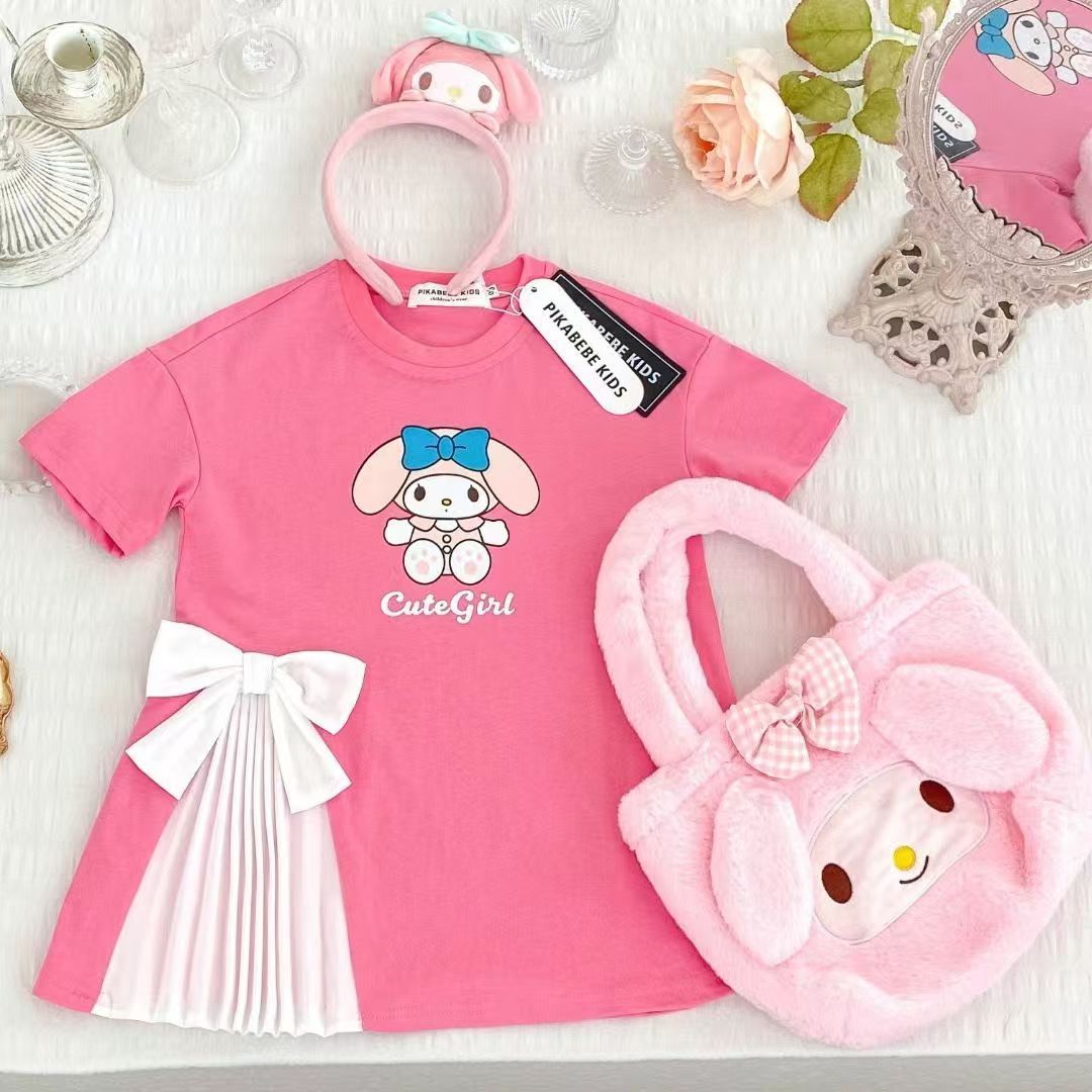Girl casual cartoon t-shirt skirt princess skirt short-sleeved girl dress elegant pleated bow Baby dress