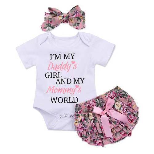 Newborn baby 3PCS Baby Girls Pure color Romper+ Flowers print Shorts+ Headband Clothing suit girl clothes