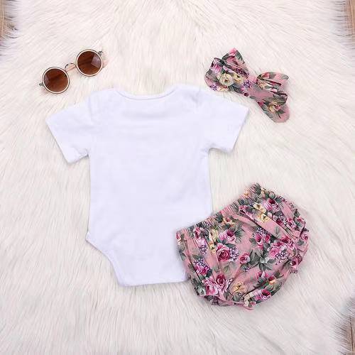 Newborn baby 3PCS Baby Girls Pure color Romper+ Flowers print Shorts+ Headband Clothing suit girl clothes