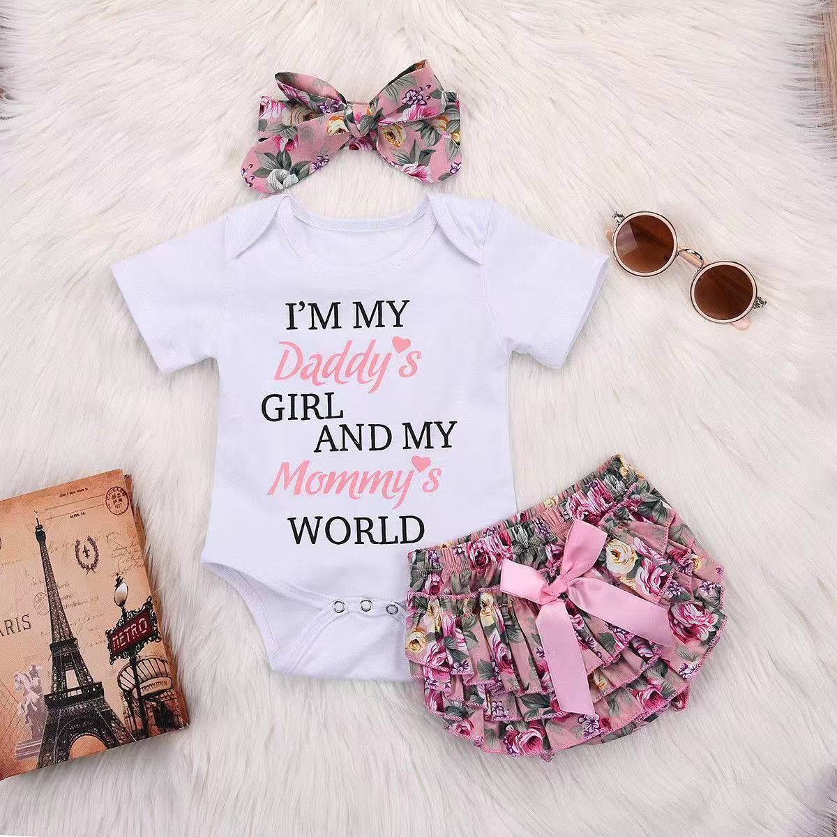 Newborn baby 3PCS Baby Girls Pure color Romper+ Flowers print Shorts+ Headband Clothing suit girl clothes
