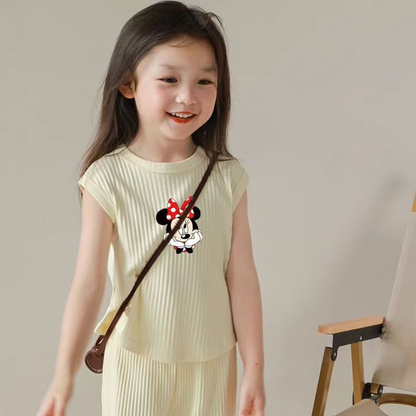 Girls Summer Clothing Puff Sleeve Fashion Casual Top Short Sleeve T-Shirt Floral Print Wide-Leg Pants Children's Set Kids Clothes
