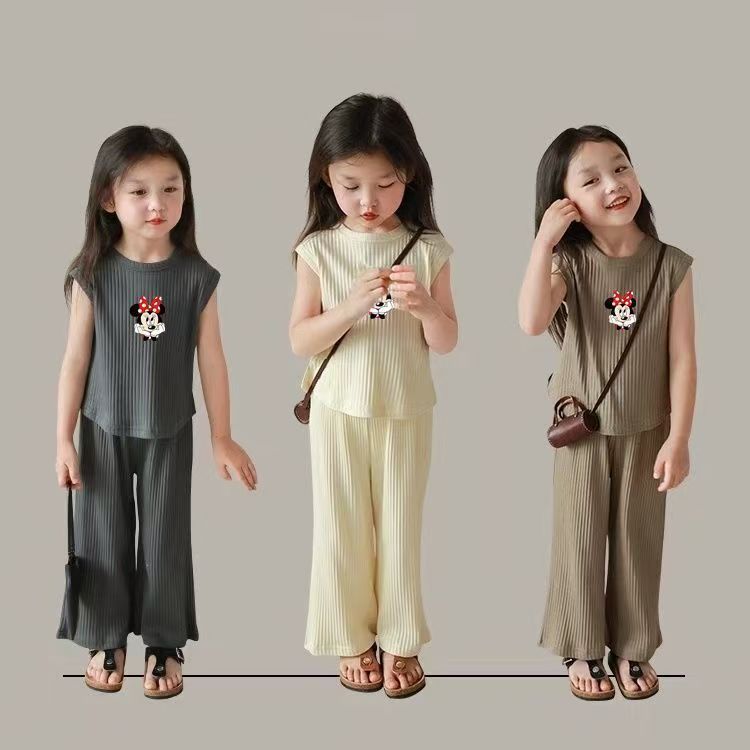 Girls Summer Clothing Puff Sleeve Fashion Casual Top Short Sleeve T-Shirt Floral Print Wide-Leg Pants Children's Set Kids Clothes